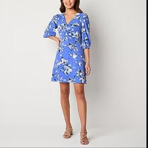 JH Womens 3/4 Sleeve Blue Floral Fit & Flare Dress Size 14‎ NWT